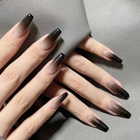 acrylic artifical designer fake nails extension long black color with semi transparent bottom 24 Pc set with glue sheet convenient than manicure